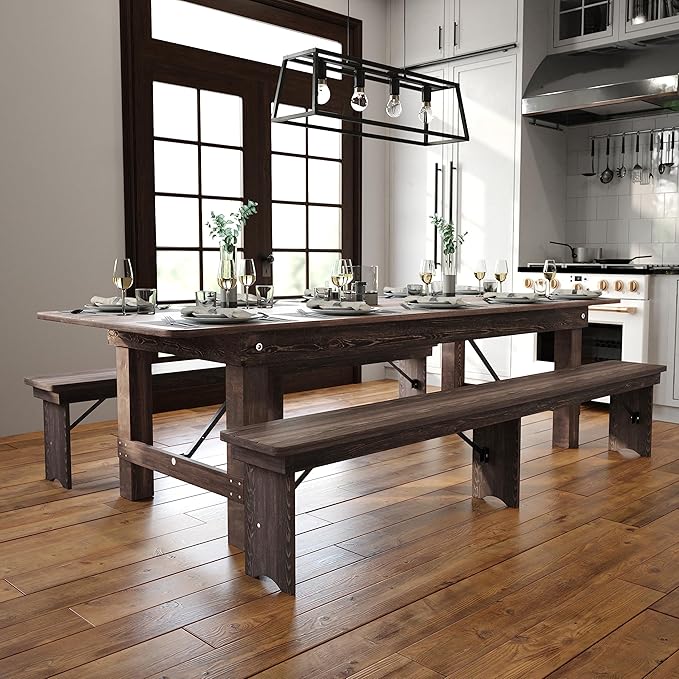 Flash Furniture Hercules Commercial Grade Farmhouse Dining Table | Solid Pine Foldable Table for 10 in Antique Rustic Mahogany | Rustic Charm for Home and Events