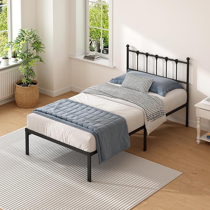 Twin Size Bed Frame with Modern Headboard, Metal Platform Bed Base with Strong Support, No Box Spring Needed, Easy Assembly, Noise Free，Black