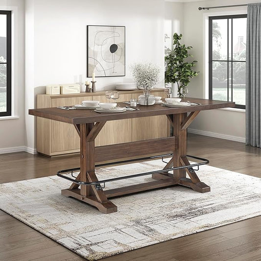 Lexicon 78 Inch Rectangular Counter Height Dining Table for 6, Rustic Farmhouse Kitchen Table, Rubberwood, Acacia Veneer, Black Metal Footrest, for Dining Room/Kitchen, Brown