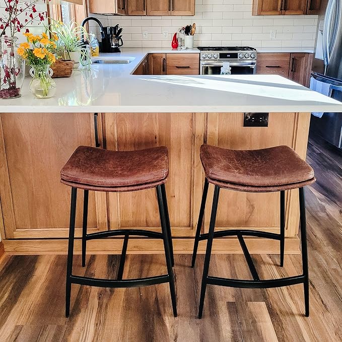 Arlo Modern Backless Upholstered Kitchen Counter Bar Stool with Double-Layered Saddle Seat and Black Metal Base, Brown/Matte Black, Set of 4