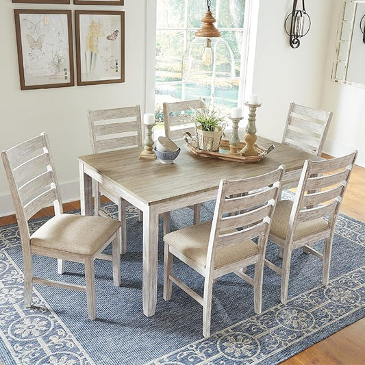 Signature Design by Ashley Skempton Cottage Dining 7 Piece Set – Rectangular Table & 6 Upholstered Chairs | Coastal Chic Meets Farmhouse, Whitewash