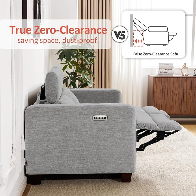 MCombo 88.6'' Reclining Sofa, Wall Hugger Power Recliner Sofa with Adjustable Headrest, USB A & C Charge Ports, Wood Legs, for Living Room (Fabric, HL198M3) (Grey, 3-Seater)