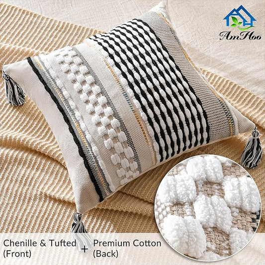 AmHoo Set of 2 Chenille Striped Textured Boho Throw Pillow Covers Aesthetic with Tassels Woven Decorative Pillow Case for Couch Bed Sofa Bedroom Modern Funky 18 x 18-Inch Black