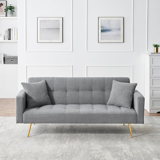 Eafurn Tufted Futon Sofa Bed, Teddy Futon Loveseat Couch Adjustable Recliner Sleeper Sofa Bed with Golden Metal Legs and 2 Pillows for Living Room, Apartment, Office,Small Love Seat | Golden Legs, Wood Frame