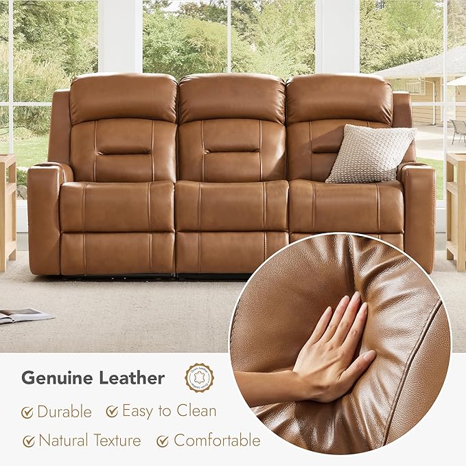 Watson & Whitely Genuine Leather Power Loveseat and Recliner Sofa Set, Lay Flat Reclining Couch with Console, Power Headrest, USB & Wireless Charging, Cup Holders for Living Room, Saddle Brown