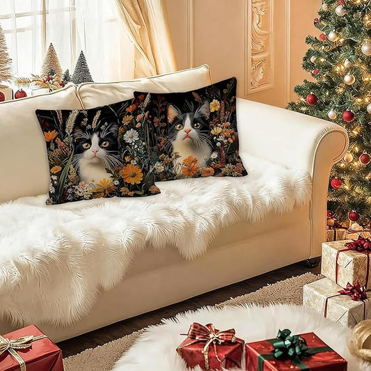 William Morris Inspired-Vintage Dark Floral Tuxedo Cat Pillow Covers 18x18 Set of 2, Tuxedo Cat Gifts, Cottagecore Botanical Kitty Kitten Decorative Pillow Covers for Home Living Room Bedroom