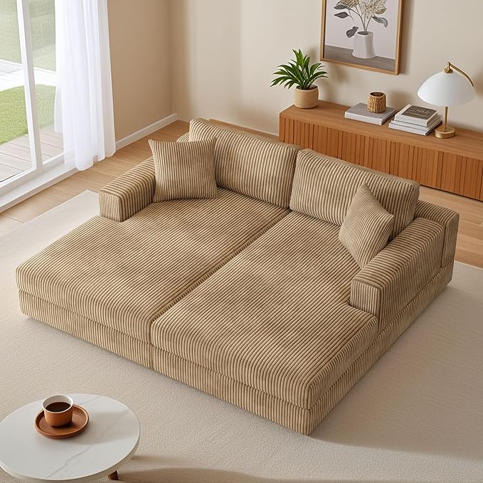 69-inch Oversized Chaise Recliner Lounge Deep Seat Upholstered Sleeper Daybed with 4 Pillows,Soft Corduroy Loveseat Double Chaise Sofa Couch Extra Wide Sleeper Chair Sofabed for Living Room Bedroom