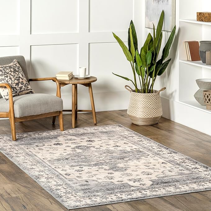 nuLOOM 4' x 6' Machine Washable Stain-Resistant Area Rug with Non Slip Backing, Low Profile for Living Room, Bedroom, and Dining Room, Banks Light Grey
