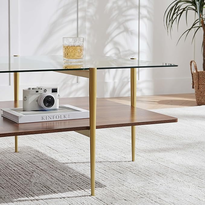 Square Glass Coffee Table, Mid-Century Modern Design, L30 x W30 x H17 inch, for Living Room, Clear Glass Top and Walnut Finish Wood Shelf, Conical Legs with Gold Finish Frame