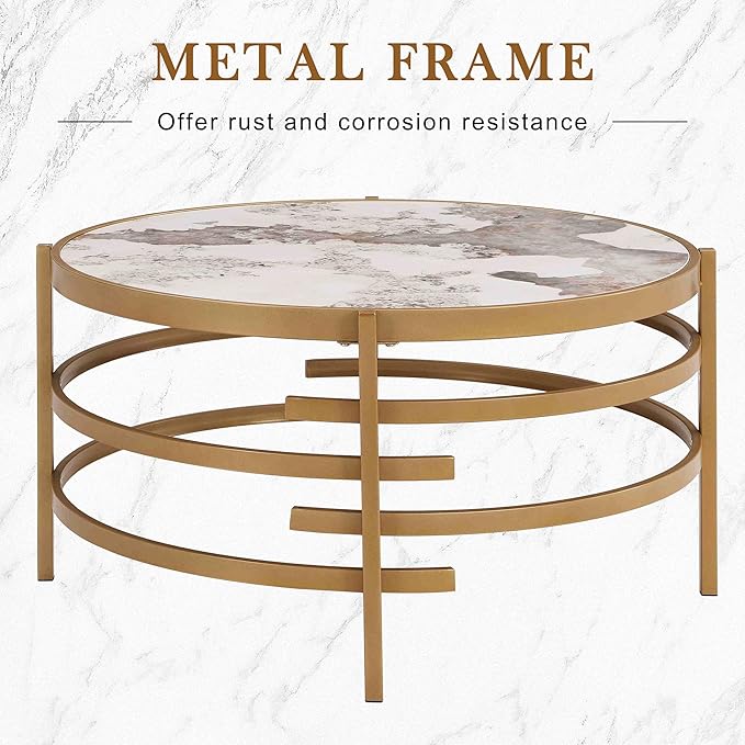 Round Coffee Table Sintered Stone - LifeSky 32 inch Circle Center Coffee Table with Metal Frame - Modern Circular Coffee Tables for Living Room Gold