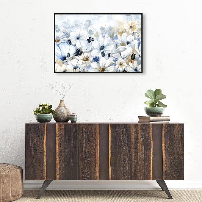 The Oliver Gal Artist Co. Floral and Botanical Wall Art Framed Canvas Prints 'Fields Flowers Home Décor, 30" x 20", Blue, White