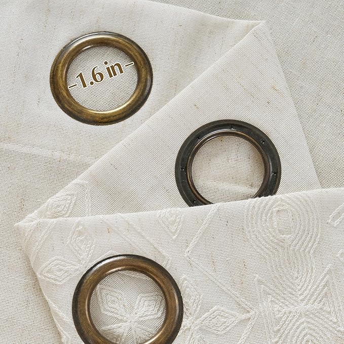 NICETOWN Ivory White Embroidered Trim Cream Linen Curtains 90 inch Long, Farmhouse Drapes for Dining Room, Light Filtering Bronze Grommet Top Vintage Botanical Patterned Panels, W52 x L90, 1 Pair