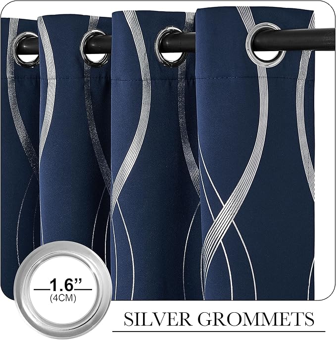 NICETOWN Blackout Curtains 63 inches Long for Bedroom, Thermal Insulated Solid Grommet Top Foil Printed Wave Lines Blackout Panels/Draperies for Boys Kid's Room (Navy Blue, 1 Pair, 52 inch Width)