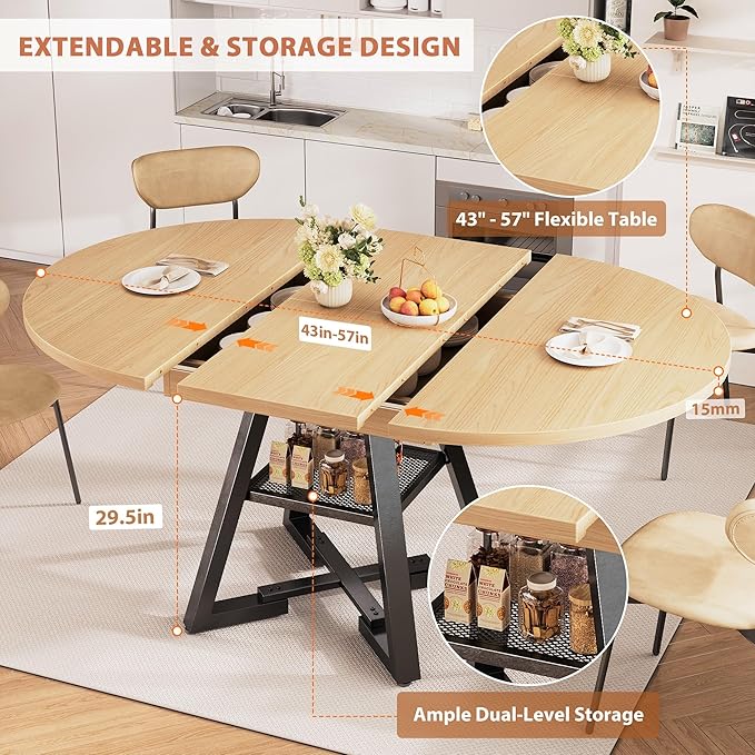 Round Dining Table Kitchen Dining Room Dinner Table for 4-6, Space Saving Extendable Oval Circle Furniture with Pedestal Base and Storage Shelf for Kitchen Living Room (Wood, for 4-6)