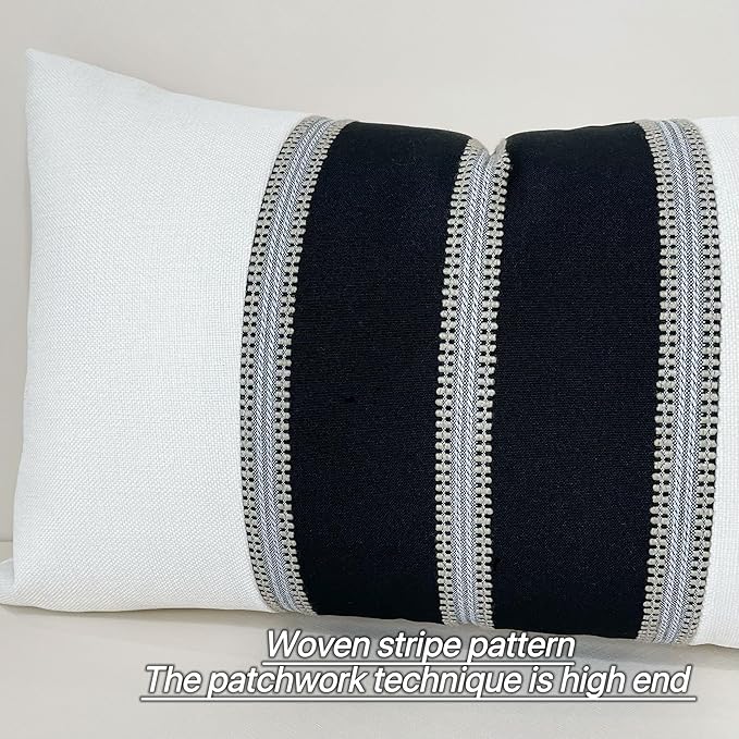 Slow Cow Pack of 2 Linen Off White and Black Patchwork Rectangular Throw Pillow Cover Decorative Cushion Cover for Couch Sofa Lumbar 12 x 20 Inches