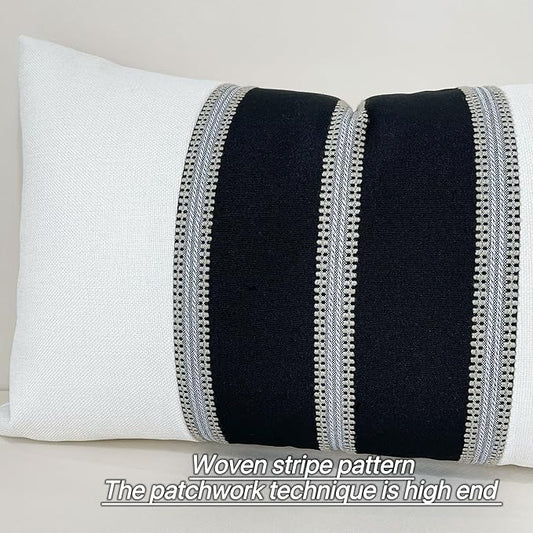 Slow Cow Pack of 2 Linen Off White and Black Patchwork Rectangular Throw Pillow Cover Decorative Cushion Cover for Couch Sofa Lumbar 12 x 20 Inches
