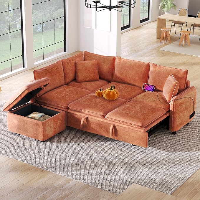 ERYE 82.5-Inch Left Facing Corner Sleeper Sectional Sofa Bed for Living Room Office,L-Shaped Chenille Upholstered Convertible Pull Out Sleeper Couch Bed W/Storage Ottoman | USB-C Ports