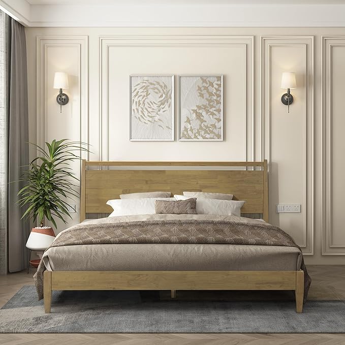 NTC Adept Wooden Bed Frame with Headboard, Solid Wood Foundation with Silent Slats and Wood Central Supports, 1000 Lb Capacity, Effortless Assembly, King - Sand