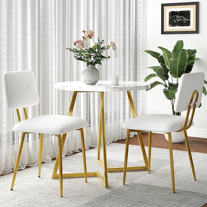VECELO Dining Chairs Set of 2, Modern Upholstered Kitchen Chairs with Faux Leather Cushion Seat & Metal Legs for Kitchen, Living Room, Tufted Backrest Design, White