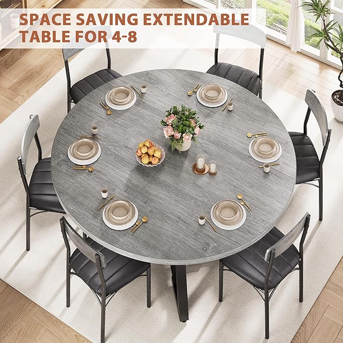 Round Dining Table Kitchen Dining Room Dinner Table for 4-6, Space Saving Extendable Oval Circle Furniture with Pedestal Base and Storage Shelf for Kitchen Living Room (Grey, for 6-8)