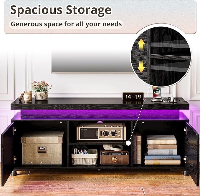 IRONCK TV Stands for TVs 65+ Inch with LED Lights and Power Outlet, Modern TV Console Entertainment Center with Storage Cabinet for Living Room