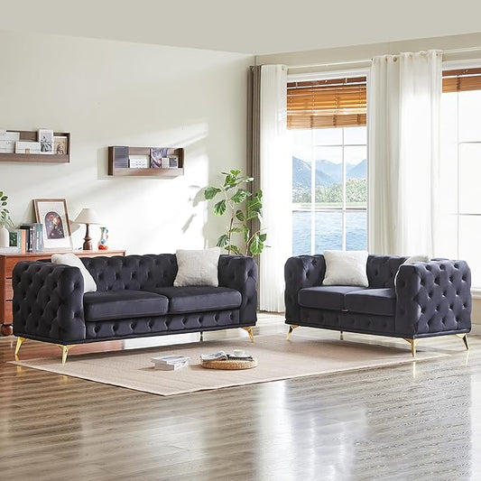 KEIKI 2-Piece Luxury Chesterfield Sofa Set with 1 Velvet 3-Seater Sofa & 1 Loveseat Sofa, Mid-Century 5-Seater Tufted Button Couch Set with 4 Pillow & High-Density Foam Cushion, for Living Room, Black