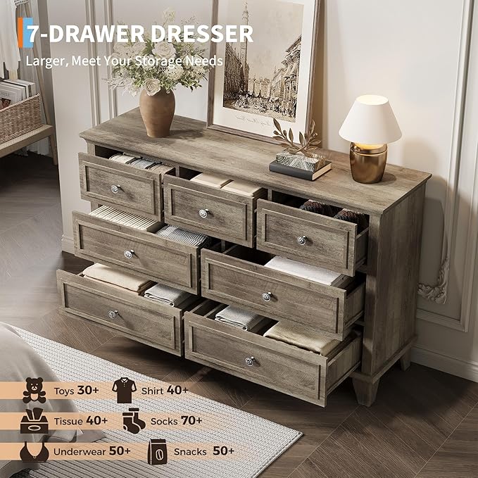 GAOMON Grey Dresser, 7 Drawer Dresser for Bedroom, 47" W Chest of Drawers with Deep Drawers, Closet Dressers with Metal Handle, Thickened Desktop, Wood Rustic Drawers for Hallway, Entryway, Closet