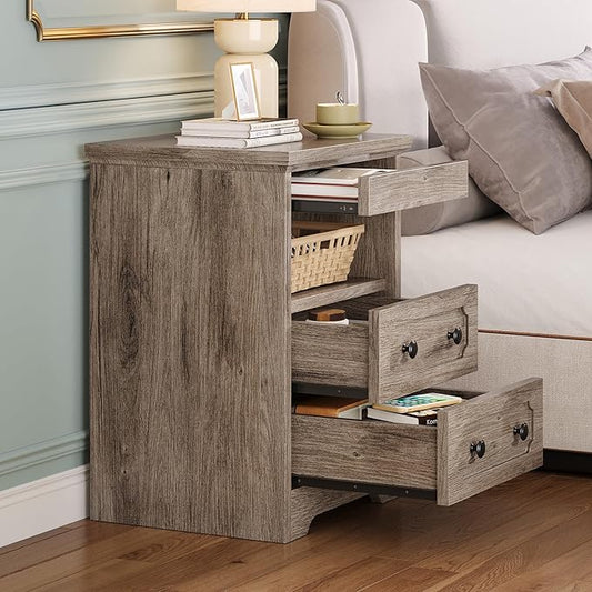 LIKIMIO Nightstand Set of 2, Night Stand with Pull Out Tray, Wooden Bedside Table with 2 Drawers and Open Shelf, Side Table for Bedroom, Grey