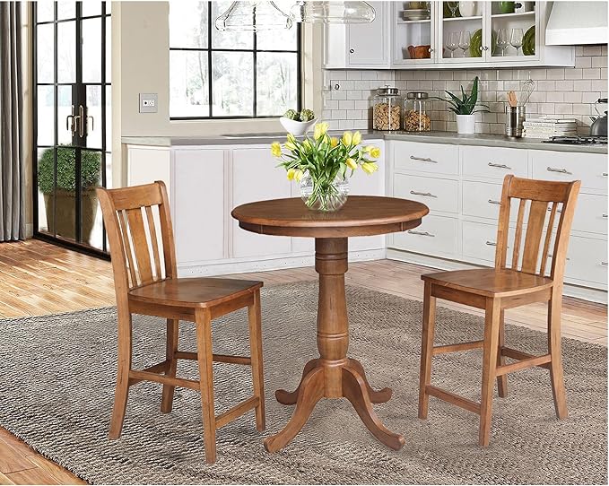 IC INTERNATIONAL CONCEPTS 30" Solid Wood Round Pedestal Table in Distressed Oak with 2 San Remo Stools