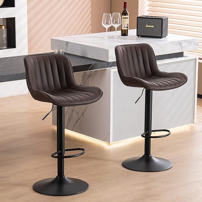 YOUNUOKE Bar Stools Set of 2 Adjustable Counter Height Barstools PU Leather Upholstered Stool with Back Mid Century Modern Chairs for Home Kitchen Island, Brown