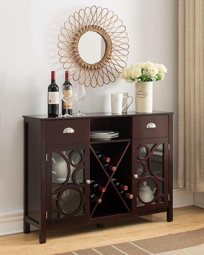 Kings Brand Jamestown Wood Buffet Server Storage Sideboard Wine Cabinet, Cherry