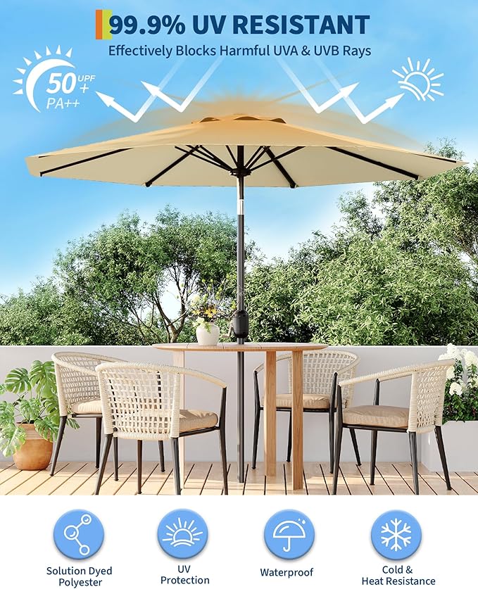 GarveeLife Outdoor Patio Umbrella, Table Market Umbrella with Push Button Tilt and Crank, 8 Sturdy Ribs UV Protection Waterproof for Garden, Deck, Backyard, Pool