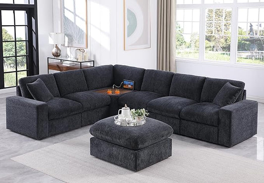 Ball & Cast 116" Oversized Modular L-Shaped Sectional Sofa,Large Chenille Upholstered Couch 7 Seat with Movable Ottoman & 2 Pillows,Comfty Sectionals W/Cup Holders & USB Port,for Living Room,Dark Gray