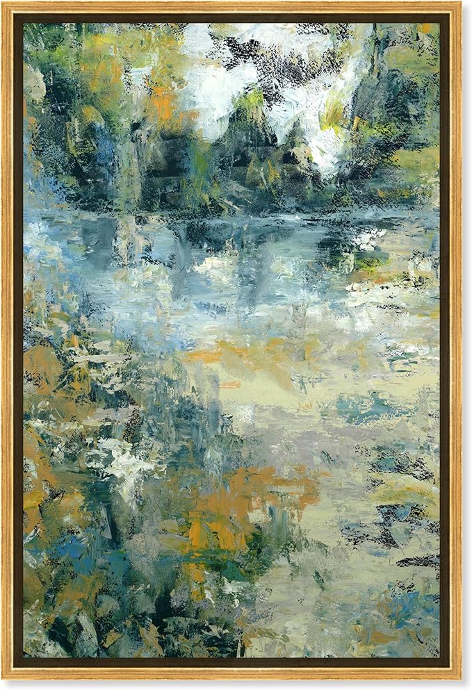 Art Remedy Green Moss Monet Garden Green Abstract Canvas Wall Art, Gold Floater Frame, 30"x45"