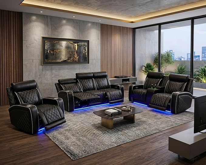 Power Recliner Sofa Set for Living Room, Breathing Leather Reclining Sofa with LED Lighting, Cup Holders, Storage Console&USB Port for Home Theater Seating (Black#2)