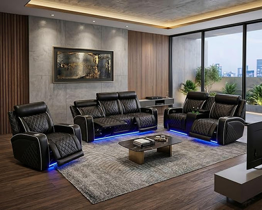 Power Recliner Sofa Set for Living Room, Breathing Leather Reclining Sofa with LED Lighting, Cup Holders, Storage Console&USB Port for Home Theater Seating (Black#2)