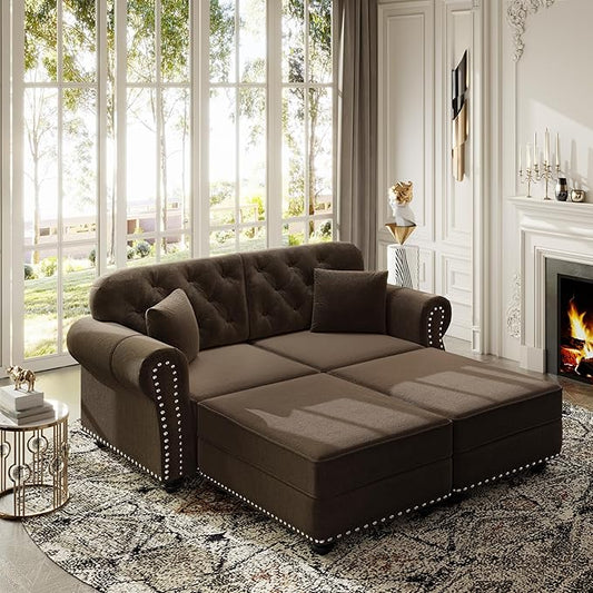 KEIKI 63" Velvet Chesterfield Sofa with Rolled Arms & Nailhead Trim & 2 Ottoman, Modern 2-Seater Button Tufted Couch with High Resilience Cushion & 2 Pillow, Easy Assembly, for Living Room, Brown