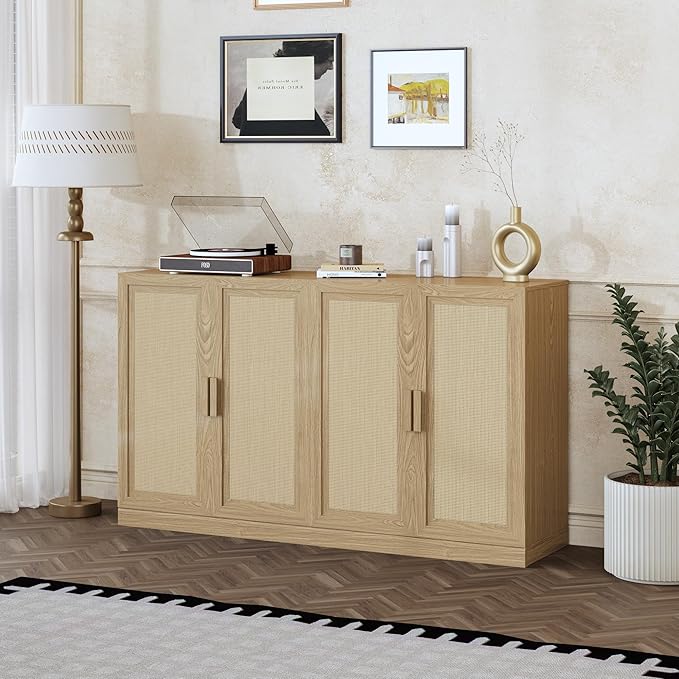 Casaphoria Adam Sideboard Buffet Cabinet with Storage, Sideboard Cabinet with Rattan Doors & Adjustable Shelves, 62" W x 36" H Coffee Bar for Entryway Kitchen Living Room, Oak
