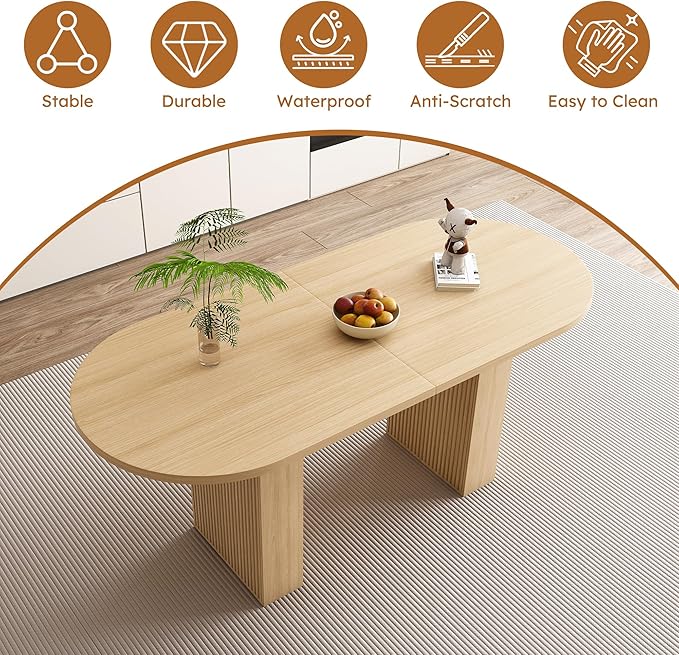 KEIKI 63" Oval Kitchen Table, Modern Farmhouse Kitchen Dining Table for 4-6, Large Round Pedestal Dining Table with Wood Strip Base, Waterproof Scratch Resistant Surface, Natural