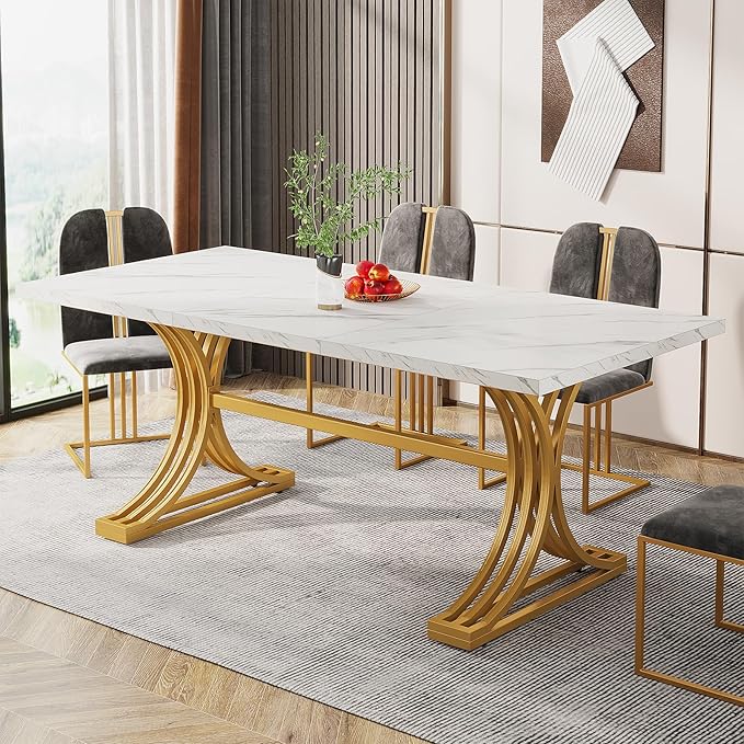 Tribesigns 63-Inch Rectangular Dining Table for 4 to 6, Modern Kitchen Tables with Stylish Metal Trestle Legs, Large Dinner Tables for Dining Room, Only Table (White+Gold)