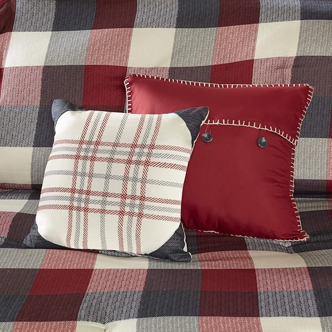 Madison Park Ridge Comforter Set - Cabin Lodge Plaid Herringbone Design, All Season Down Alternative Cozy Bedding with Matching Bedskirt, Shams, Decorative Pillow, Red Queen(90"x90") 7 Piece