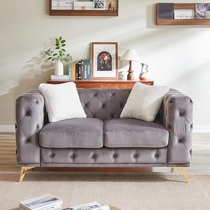 KEIKI 61" Luxury Oversized Velvet Chesterfield Sofa with 2 Pillows, Mid-Century Style 2-Seater Tufted Buttons Couch with High-Density Foam Cushions, Easy Assembly, for Apartment, Living Room, Grey