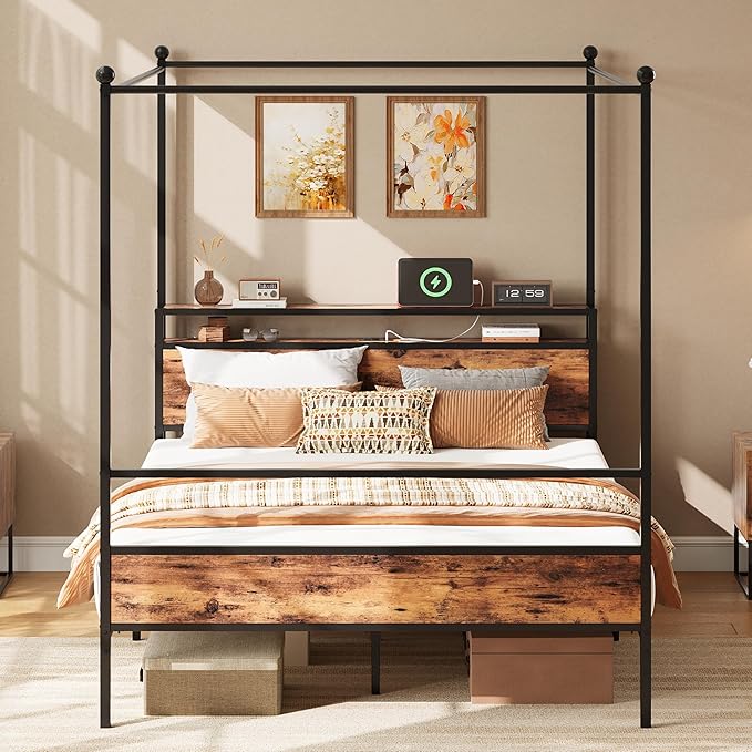 LIKIMIO Canopy Bed Frame Queen with Storage Headboard & Charging Station, Sturdy Metal Platform Bed with 4 Removable Posts, Dual Purpose Bed Frame, No Box Spring Needed, Noise Free