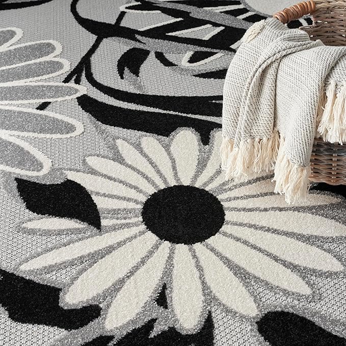 Nourison Home Aloha Black White 6' x 9' Area Rug - Easy Clean, Non Shedding, Bed Room, Living Room, Dining Room, Kitchen (6' x 9')