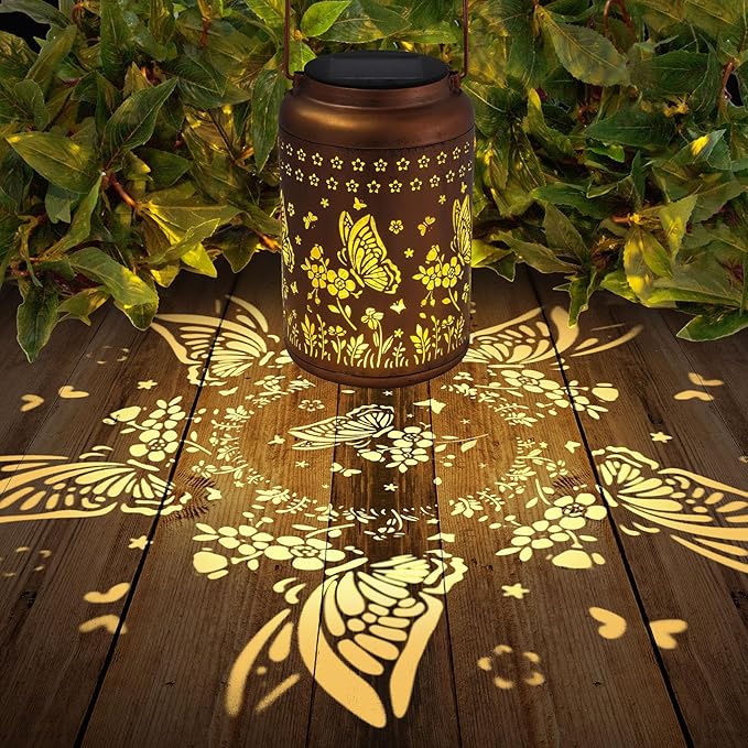 Butterfly Solar Lanterns Outdoor Waterproof, Butterfly Birthday Gifts for Women Mom Grandma, Metal Hanging Solar Lights Outside Decorations for Garden Patio Porch Backyard Garden Decor