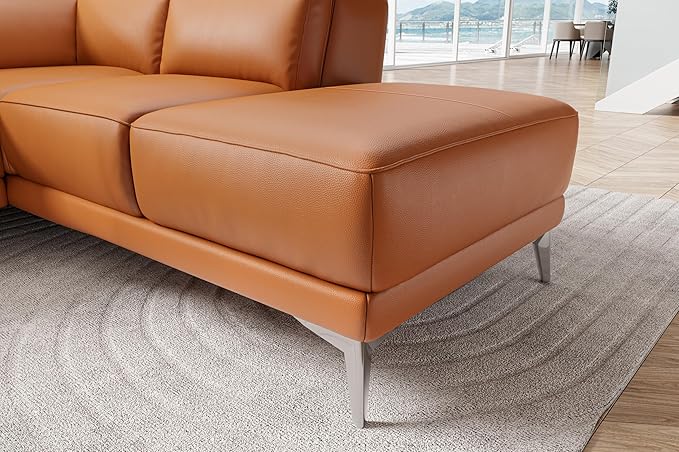 Valencia Pista Full Leather Right Chaise Sofa 112.5" | Italian Nappa Leather Modern Cloud Couch for Living Room/Apartment Furniture | Power Recliner, Ultimate Comfort, Cognac