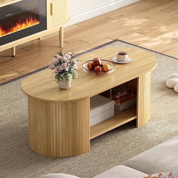 Oval Fluted Coffee Table, 2-Tier Center Table with Large Storage, Mid-Century Modern Wood Coffees Table for Living Room, Home Office, Small Space, Oak