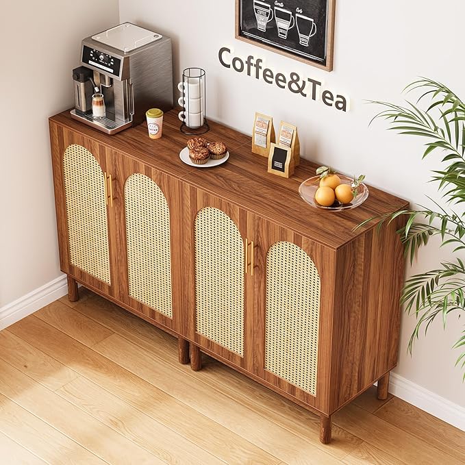 LITTLE TREE Sideboard Buffet Cabinet, Sideboard Cabinet with 4 Doors, 59-Inch Modern Credenza for Kitchen, Entryway, Living Room and Dining Room