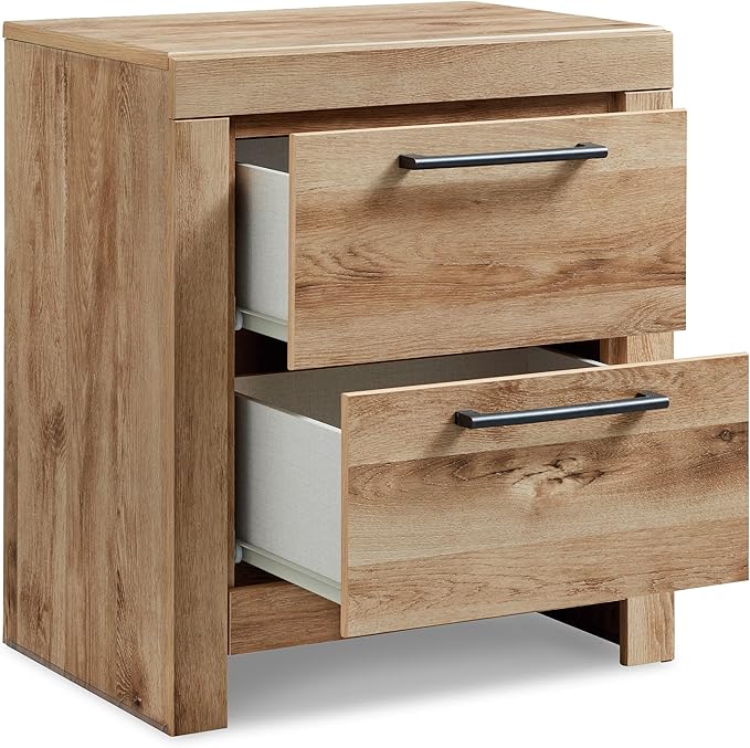 Signature Design by Ashley Hyanna Rustic Contemporary 2 Drawer Nightstand with 2 USB Charging Ports, Wood, 24.37" High, Light Golden Brown Finish