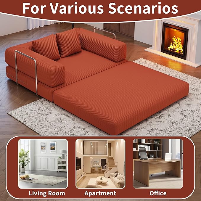 BSHOMGI Folding Sofa Bed, 4 in 1 Convertible Sofas to Lounger Comfy Single Bean Bag Chair Floor Portable Foldable Sleeper Lazy Futon Couch Chair for Bedroom, Living Room (Orange, 53.15" Double Sofa)